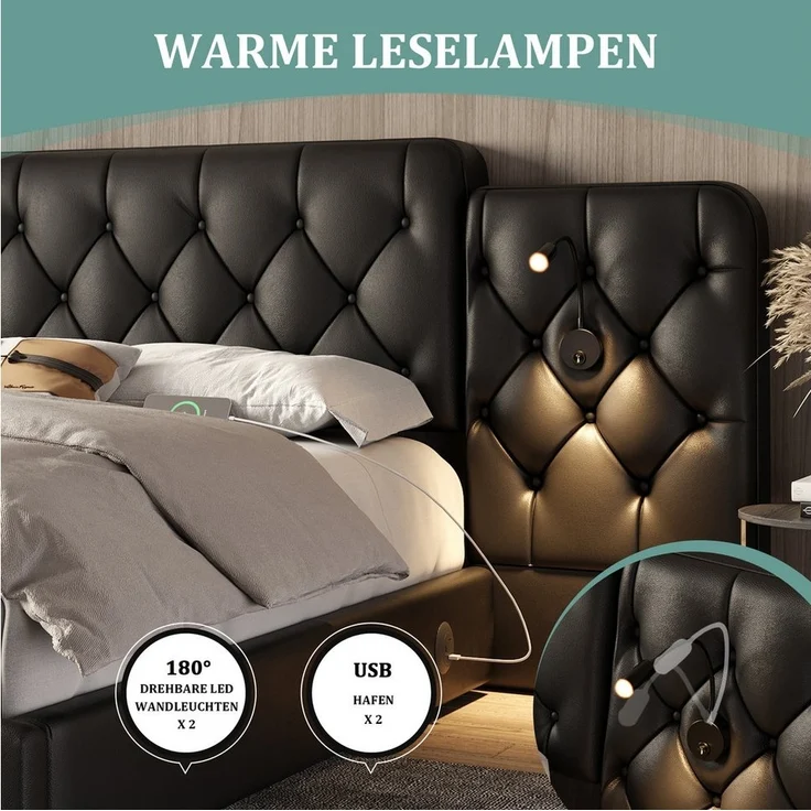LVHOM Boxspringbett 160x200cm/180x200cm Bettgestell, Samt/PU, diamantgeprägtem Knopf-Design (Kunstlederbett, gepolsterter stabiler Metallrahmenkonstruktion mit flexiblen Nachttischlampe, USB-Ladeanschlüssen, Bettkasten, hydraulischem Stauraum-System, f... – Bild 3