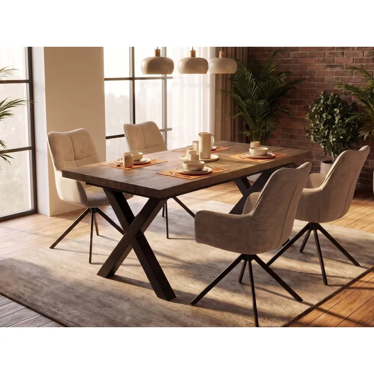 Beautysofa Esstisch TAVERO 160–240 ausziehbar, Synchronauszug (Zwei Dekore zur Auswahl, Massive Optik mit 50 mm starker Tischplatte), X-Metallbeine