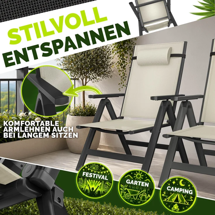 tillvex Gartenstuhl Premium 4 Stück Beige klappbar aus Aluminium | Hochlehner mit Armlehnen | Klappstuhl verstellbar | Klappsessel Balkon Garten Terrasse – Bild 4