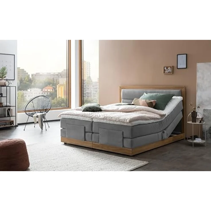 Belanoti Boxspringbett MODELA (Boxspringbett 180x200 elektrisch verstellbar Bett 180x200 mit Motor, 7-Zonen Taschenfederkern Matratze inklusive Visco Topper), in der Farbe Hellgrau H2/H3 Polsterbett Motorbett mit Eiche – Bild 10