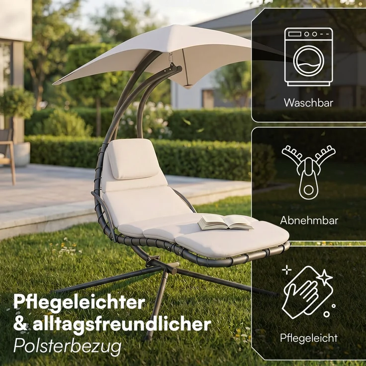 STEELSØN 'Nyria' Schwebeliege mit Sonnenschirm, Hängeliege mit Sitzpolstern, wetterfest, bis 120 kg belastbar, beige – Bild 8