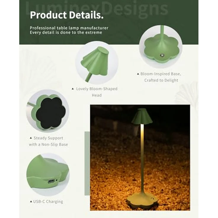 Touch Nachttischlampe Kabellos, Wiederaufladbare Tischlampe, Blumen Design, 3 Farbtemperaturen, Stufenlos Dimmbar, IP54, Gemütliches Ambientelicht für Schlafzimmer, Wohnzimmer, Grün – Bild 5