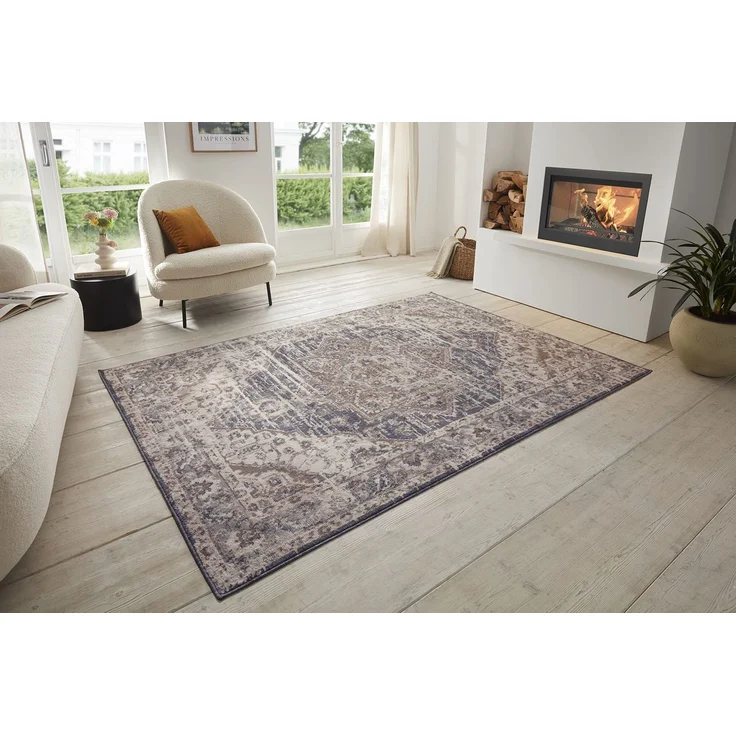 Hanse Home Sand Vintage Teppich – Orientalischer Kurzflor Wohnzimmerteppich Weicher Orient-Teppich Läufer für Schlafzimmer, Esszimmer, Wohnzimmer, Flur, Küche – Creme Blau, 80x120cm