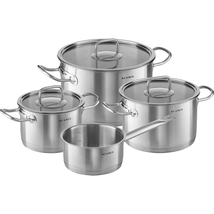 KLAMER Premium Edelstahl Kochtopf-Set, Kochtopf Set mit Glasdeckel, Töpfe Set unbeschichtet, Induktionstöpfe-Set Set, 4-teilig