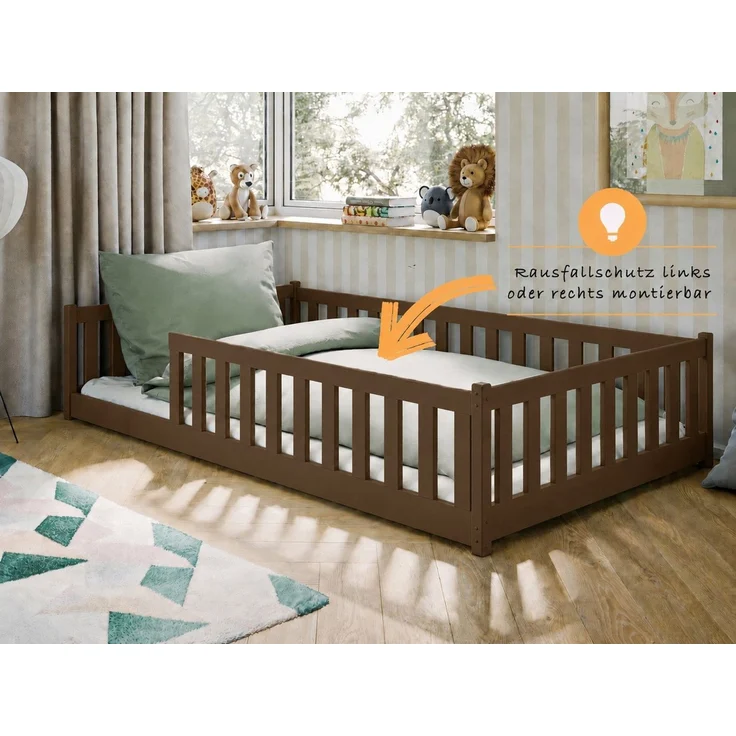 Kids Collective Kinderbett Bodenbett Bett mit Rausfallschutz & Lattenrost Montessori Bett Kinder (Jungen, Mädchen, Kinder, weitere Größen 80x160, 80x180, 90x190, 90x200, 140x200 cm), Gitterbett Jugendbett Einzelbett Zartbitterschokolade 120x200 cm – Bild 4