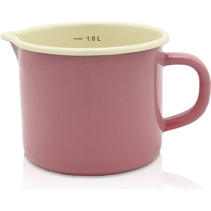 KRÜGER 104139 Milchtopf mit Ausguss 1000 ml mit Literskala, Rosa, Stahlemaille