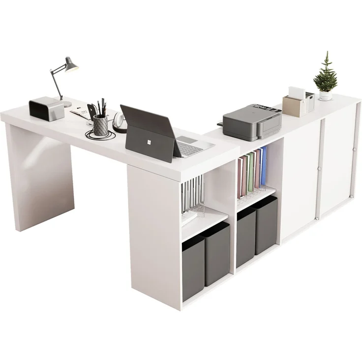 Ecktisch mit 360° schwenkbarer Tischplatte und 8 Fächern aus MDF, 120x48x78 cm, Weiß – Bild 6