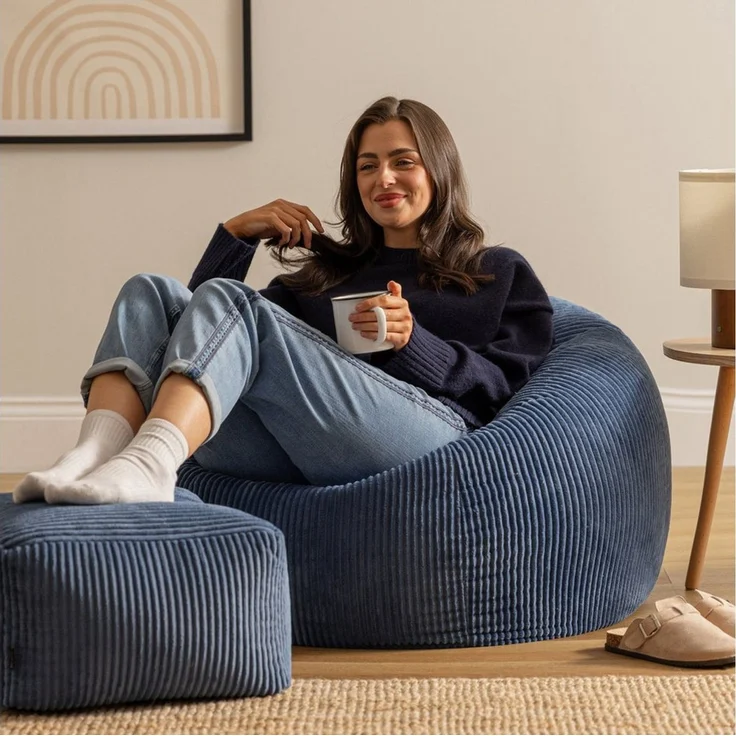 Icon Kingston Sitzsack mit Hocker Cord, Denimblau, Sitzsack Erwachsene mit Füllung, Bean Bag, Cord Sessel, Lounge Sessel, Lounge Stuhl, Schlafzimmer, Wohnzimmer, Wohnzimmer Möbel – Bild 2