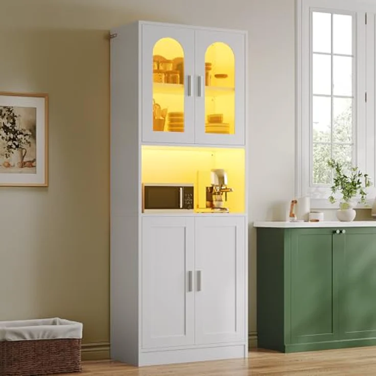 YITAHOME Hohes Bücherregal, Holzregal mit Schranktüren, modernes Bücherregal mit Präsentationsfläche, Aufbewahrungsschrank mit Beleuchtung für Zuhause, Büro, Wohnzimmer, Weiß – Bild 9