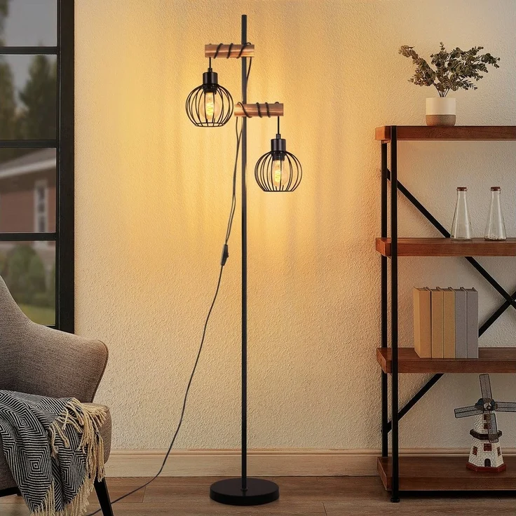 Nettlife Stehlampe Stehleuchte 2 Flammig schwarz Vintage aus Holz 151cm, mit Kippschalter, LED wechselbar, für Wohnzimmer schlafzimmer Esszimmer Büro – Bild 5