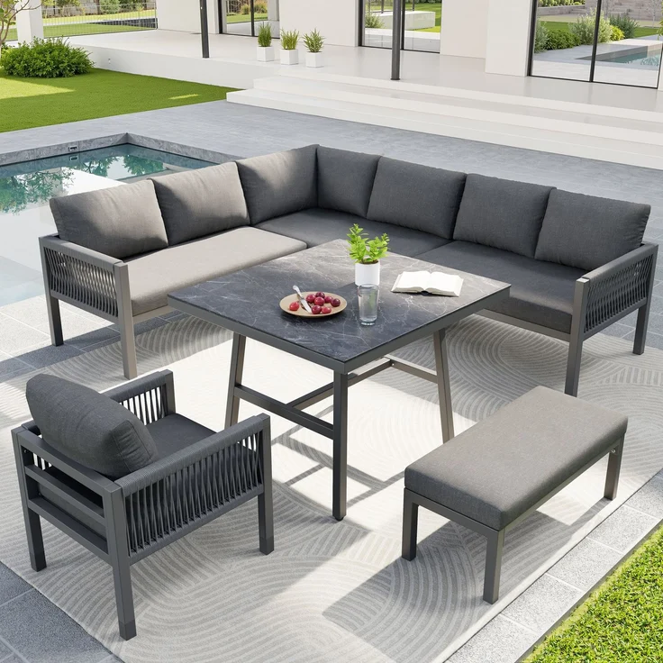 Merax Garten-Lounge-Set, Gartensofa-Garnitur in L-Form für bis zu 8 Personen / Robustes Eisengestell mit grauen Polstern / Komplett mit Tisch (Holzoptik Glas) & 1 Sessel, grau – Bild 1
