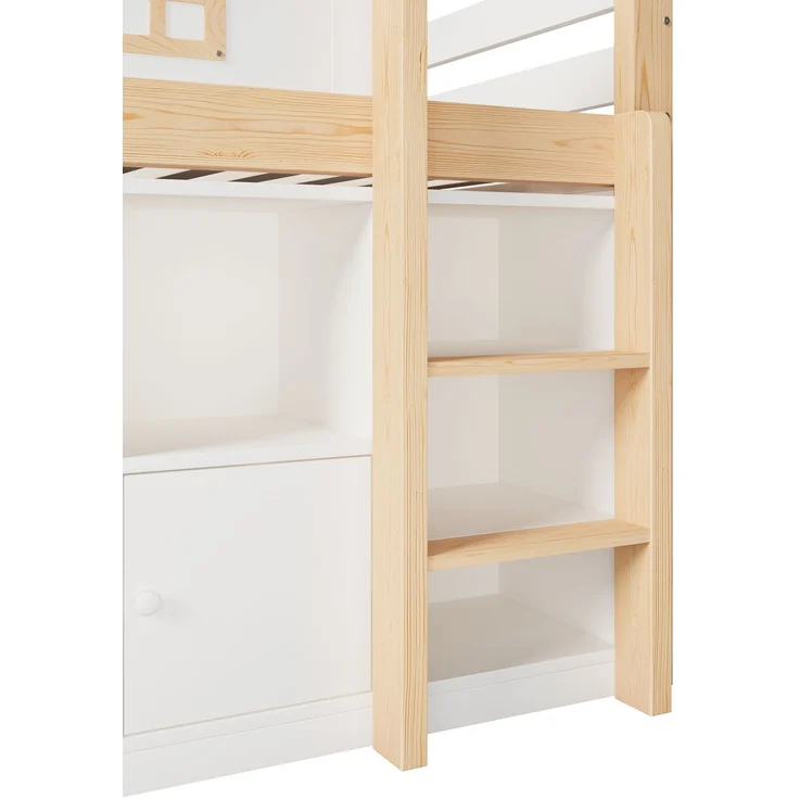 ZUBALIYA Halbhohes Bett, mit Ablagefächern und Leiter und Kreidetafel, Maße 90 x 200 cm, Weiß und Natur, Stockbett, fürs Schlafzimmer, Samt – Bild 11