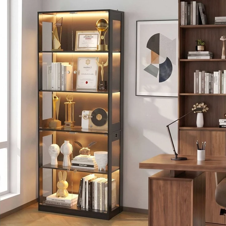 VOWNER Vitrine mit LED-Beleuchtung, Bewegungssensor und Glastüren, 80x35x204cm (1-St) 5-Ebenen Sammlerschrank aus Spanplatte und Glas – Bild 1
