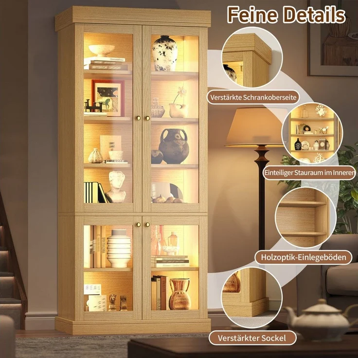 Odikalo Vitrine Vitrineschrank Glasvitrine mit LED (durchdachter Innenaufteilung und Kippschutz, stabil, sicher und vielseitig für Zuhause) 80×40×180cm – Bild 3
