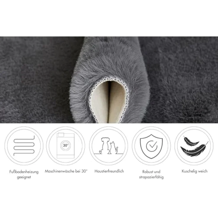-LUXOR- living Kunstfell Coste Flauschiger Teppich Schlafzimmer - ideal zur Verwendung als Bettvorleger Schlafzimmer 2er Set 55 x 80 cm anthrazit – Bild 4