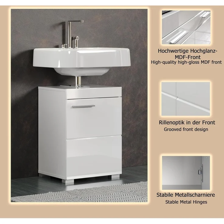 trendteam smart living – Amanda – Waschbeckenunterschrank – Weiß/Weiß Hochglanz – 1 Tür, 1 Einlegeboden – (BxHxT) 40 x 56 x 34 cm – Kratzfest & pflegeleicht – Bild 7