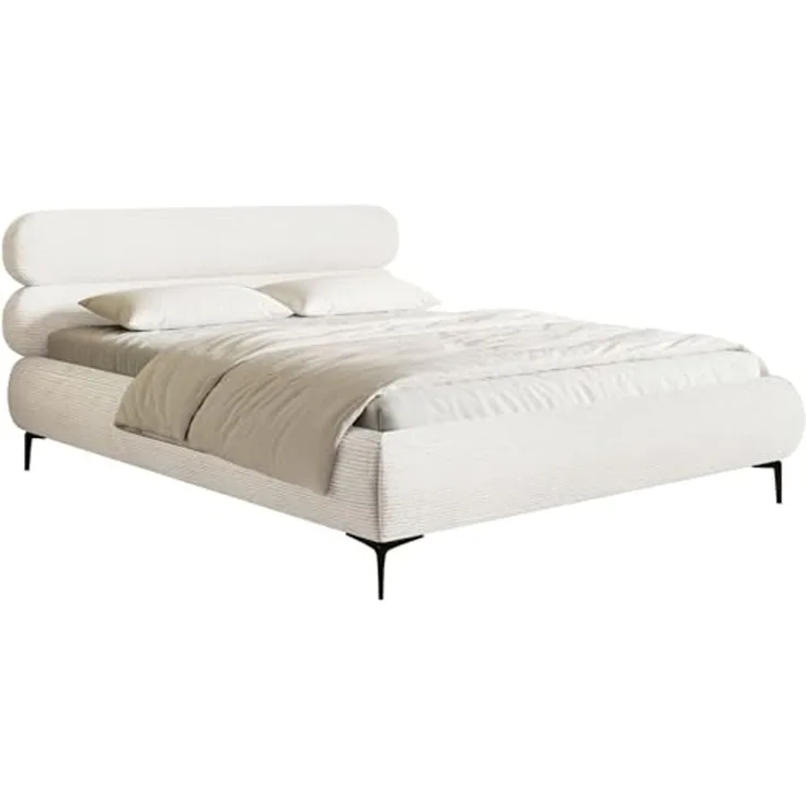 Selsey Polsterbett 140x200 cm Cord Creme – Bett mit Stauraum und Bettkasten, gepolstertes Bett mit Lattenrost und Metallrahmen, Doppelbett Schlafzimmer mit schwarzen Füßen und Gasdruckfedern