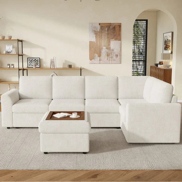 Ecksofa 282x153x85 cm aus Cord in Beige mit Schlaffunktion und Stauraumhocker – Bild 2