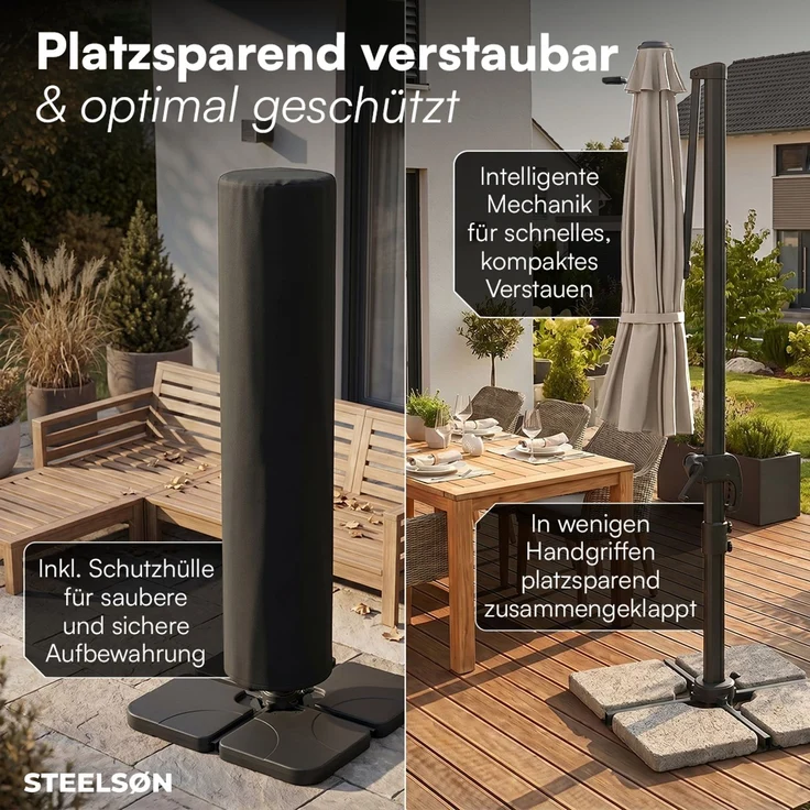 STEELSØN 'Elaris' Premium Sonnenschirm 300x300 cm quadratisch, neigbar und 360-Grad drehbar, taupe, Ampelschirm inkl. Hülle, extrem robuste Metall-Stange, 220 g/m² Polyester, UV50+ – Bild 7