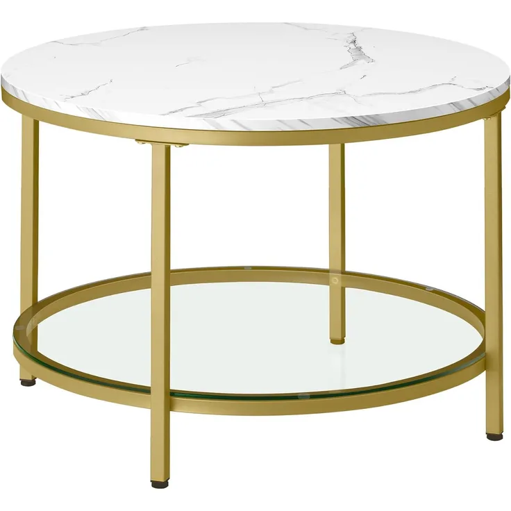 VASAGLE Couchtisch, Wohnzimmertisch, Sofatisch, für Wohnzimmer, mit Glasplatte, viel Stauraum, einfacher Aufbau, moderner Stil, marmorweiß-helles Gold LCT072W59