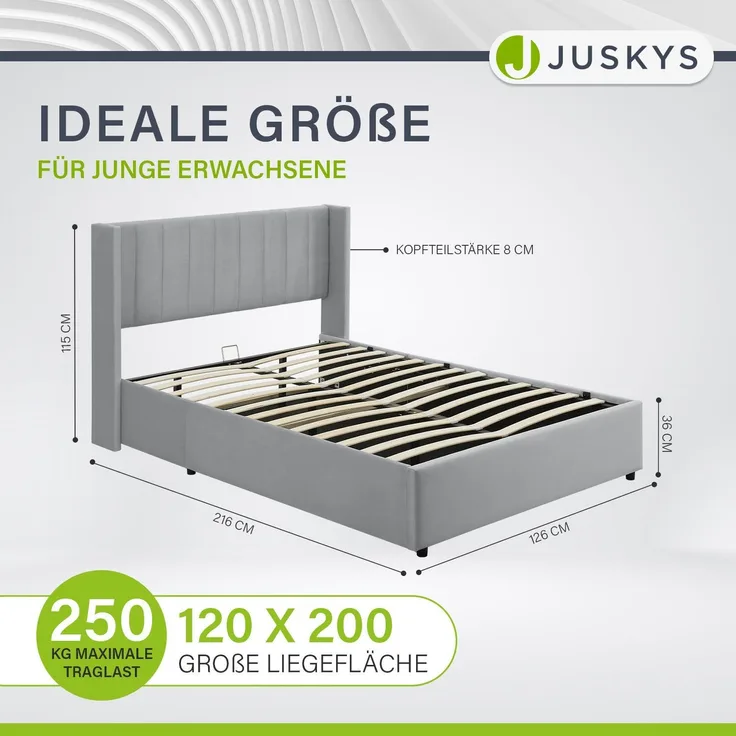 Juskys 'Savona' Polsterbett mit Matratze und Stauraum, Samt, Hellgrau, 120x200 cm