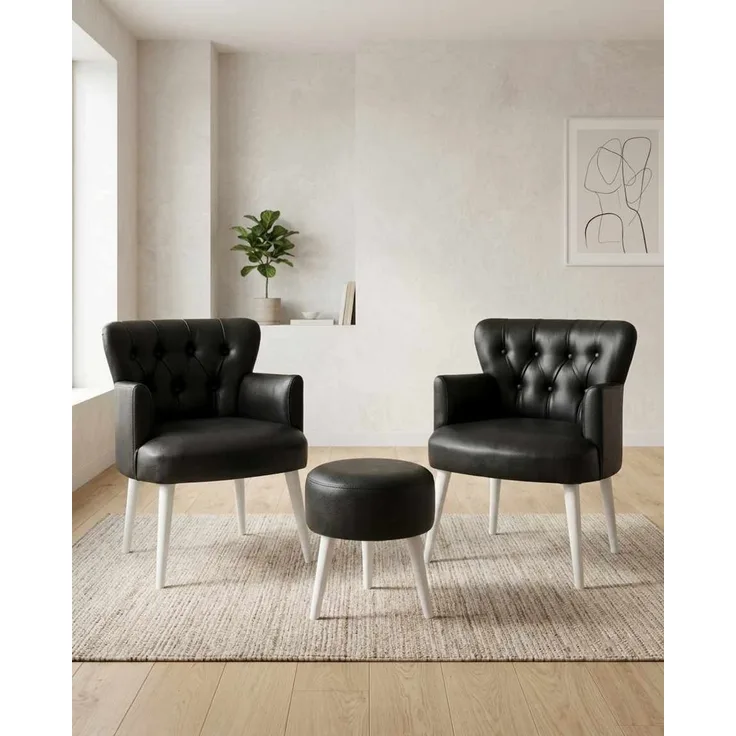 Hanah Home 'Az-2Rom-Byz - Black' Ohrensessel- und Hocker-Set (3-teilig), Schwarz, 60 x 84 x 52 cm