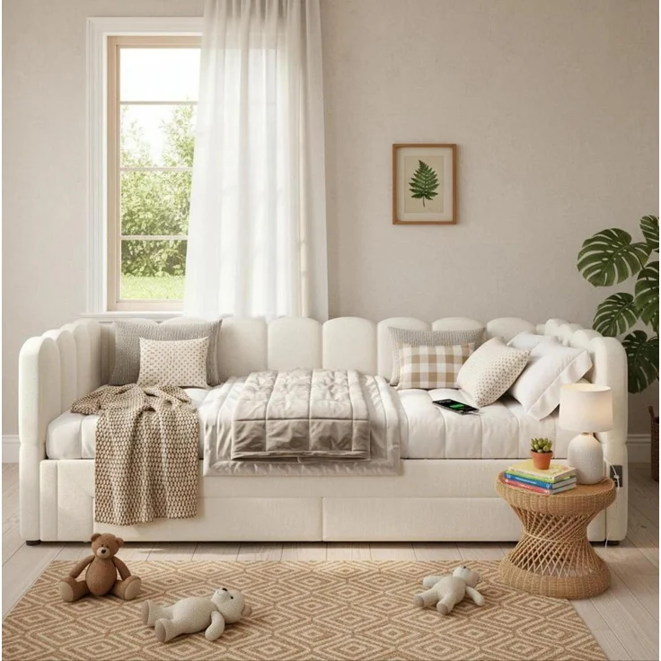 CHICFURN Bett aus Leinen Beige 90/180x200 cm mit 2 Schubladen und USB- und Type-C-Anschlüssen – Bild 1