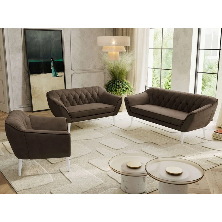 Wohnzimmerset PIRS 1-2-3, Skandinavisches Komplettset, Wellenfederung, weiße Füße, Sitzgruppe, Möbelset - Braun Velvet – Bild 3