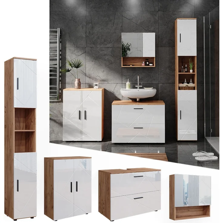 Badmöbel-Set Irma Weiß Hochglanz/Goldkraft Eiche 4-teilig Vicco – Bild 2