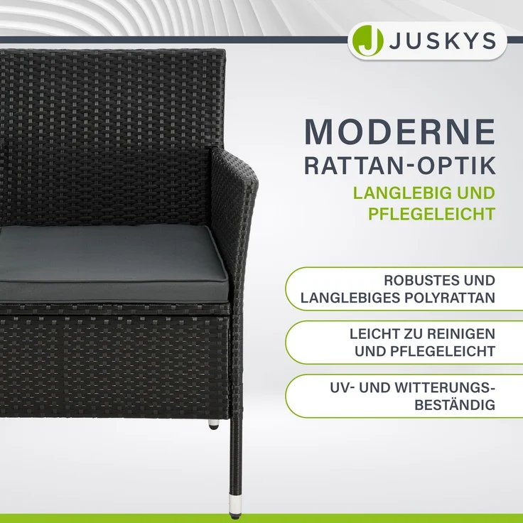 Juskys 'Monaco' 2-Sitzer Gartenbank mit Tisch und Kissen, Polyrattan schwarz, 133 × 63 × 84 cm – Bild 4