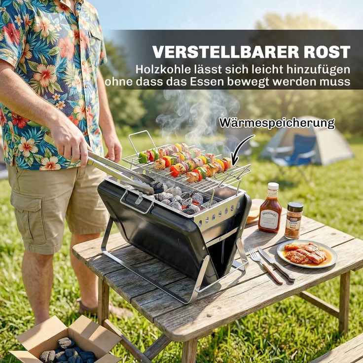 JARDJ Holzkohlegrill aus Edelstahl BBQ Smoker mit Grillrost Griff klappbaren Beinen für Barbeque Camping 40x28x25,5cm Schwarz – Bild 7