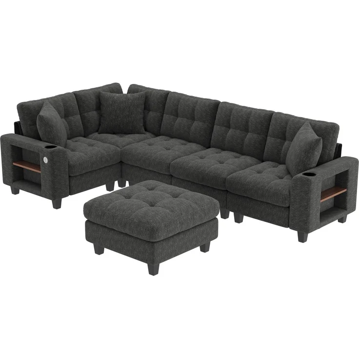 ZUBALIYA Modulare Wohnlandschaft, mit Stauraum, mit USB-C-Anschluss, modular kombinierbar, mit Getränkehaltern, mit Hocker, H 83 × T 216.5 × B 216.5 cm, Grau, Chenille – Bild 13