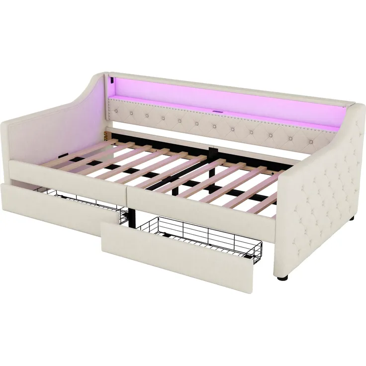 Schlafsofa mit LED-Streifen, Lattenrost und 2 Schubladen, 90x200cm, Polsterbett, Einzelbett, Jugendbett, Leinenbezug – Bild 6