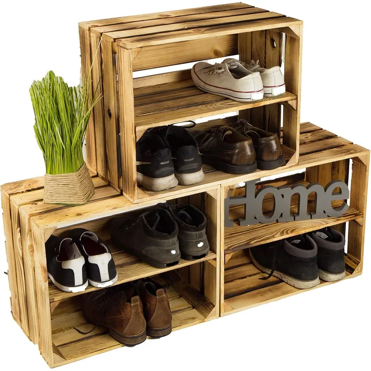 3 x Schuhschrank Schuhregal aus geflammten Holzkisten Schuhablage für 12 Paar Schuhe als Schuhständer Schuhaufbewahrung aus Holz Maße 50 x 30 x 40 cm (je Kiste) stabiles Regal in Obstkisten Optik