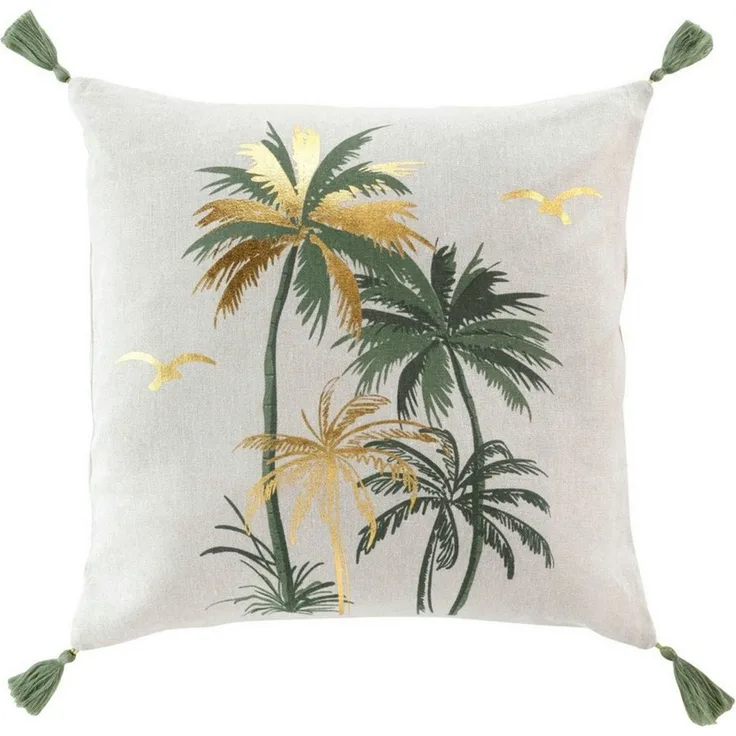 Macosa Home Dekokissen Kissen 45 x 45 cm Weiß Grün Gold Palmen Quasten Baumwolle, Metallfaser mit Reißverschluss inkl. Füllung Sofakissen