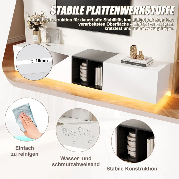 Moderner TV-Schrank weiß/schwarz, 190x40x35 cm, mit Schubladen & Regalen – Bild 7
