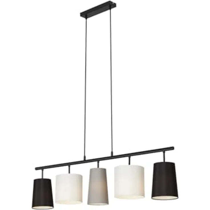 Briloner Pendelleuchte Shades, Hängelampe mit 5 Stoffschirmen in Schwarz, Grau und Weiß, 40 W, IP20, 96 x 120 cm
