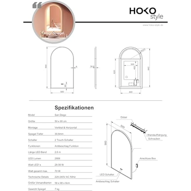 HOKO Badspiegel mit Beleuchtung und Antibeschlag, Gold/Schwarz, 50x90/60x100 cm, Touch-Sensor, wechselbare Lichtfarbe, feuchtraumgeeignet – Bild 8