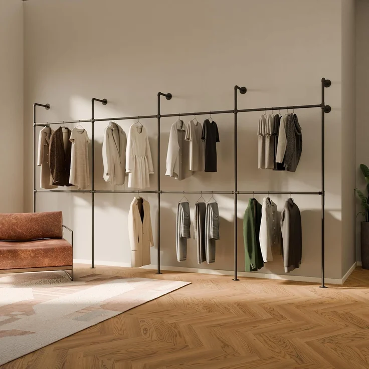 pamo. design Kleiderständer KIM DOUBLE Industrial Kleiderstange zur Wandmontage, Offener Kleiderschrank / Garderobe aus schwarzen Wasserrohren