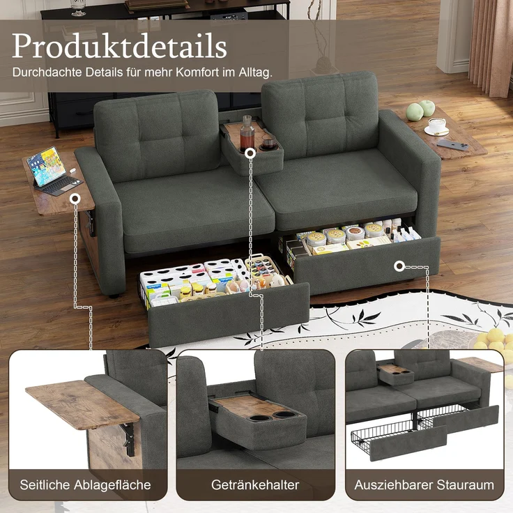 ZUBALIYA Schlafsofa 71x57.5 cm, mit Schreibtisch, mit Schubladen, mit Stauraum, mit Ablageflächen, mit Ausziehbett, Grau – Bild 4