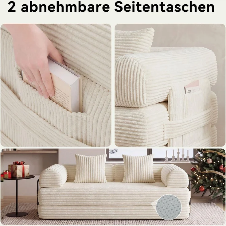 Aoxun Kordstoff Schlafsofa 200×97×70cm, 5-in-1 Umwandelbares Bodensofa, Hochdichter Schaumstoff, Haustierfreundlich, Keine Montage, Weiß – Bild 8