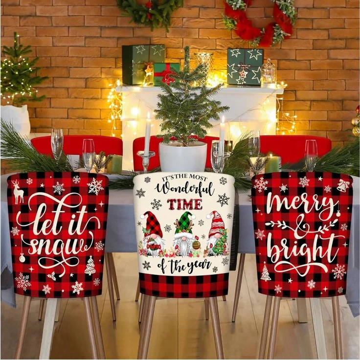 CLTYQ Stuhlhusse 6er-Set Weihnachtsstuhlhussen, Hussen-Set Waschbar, Weihnachtsdeko, rot-schwarz kariert, mit Zwergen- und Weihnachtsbaummotiven – Bild 4