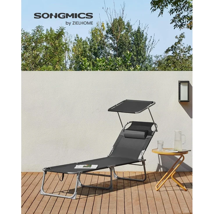 Songmics Sonnenliege mit Sonnenschutz, Kopfstütze & verstellbarer Rückenlehne, Kunstfasergewebe dunkelgrau, 193 x 53 x 29 cm – Bild 2