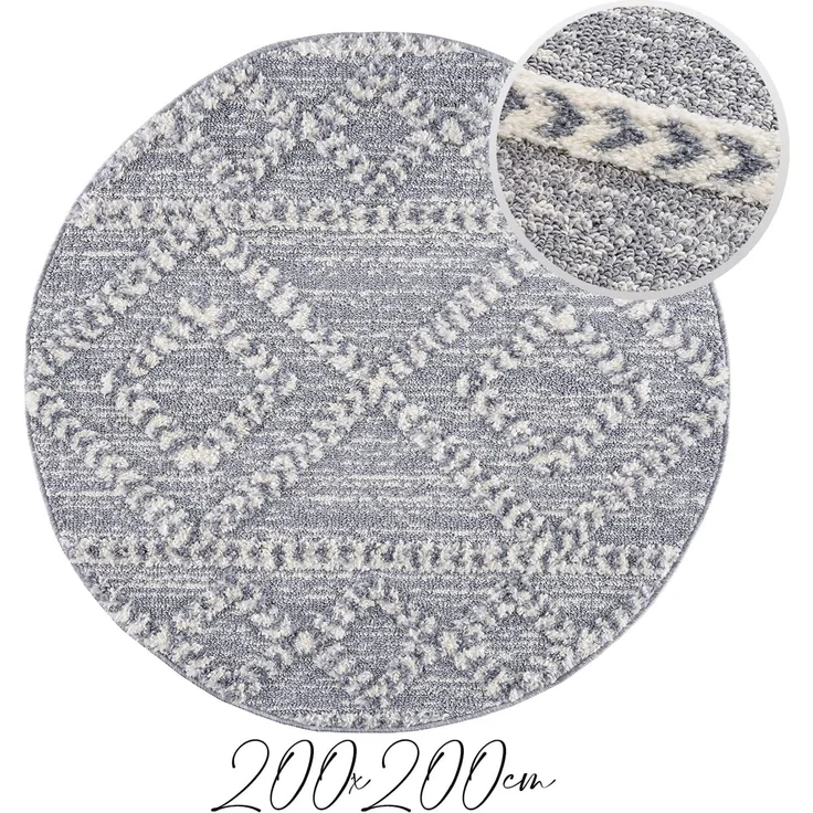 Teppich Rund - Hochflor - Boho - Pastellgrau Creme - 200x200cm - Modern Raute Muster - Skandinavisch Flauschig Weich - Wohnteppich Schlafzimmer Dekoration – Bild 3