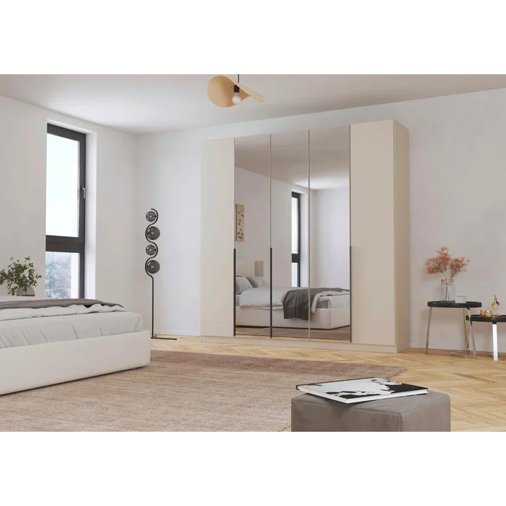 Rauch Möbel Alabama, Kleiderschrank, Garderobenschrank, 5-türig, Spiegel, Zubehör Basic, 3 Kleiderstangen, 6 Einlegeböden, Farbe Beige, Griff Grau metallic, 226 x 229 x 54 cm – Bild 2