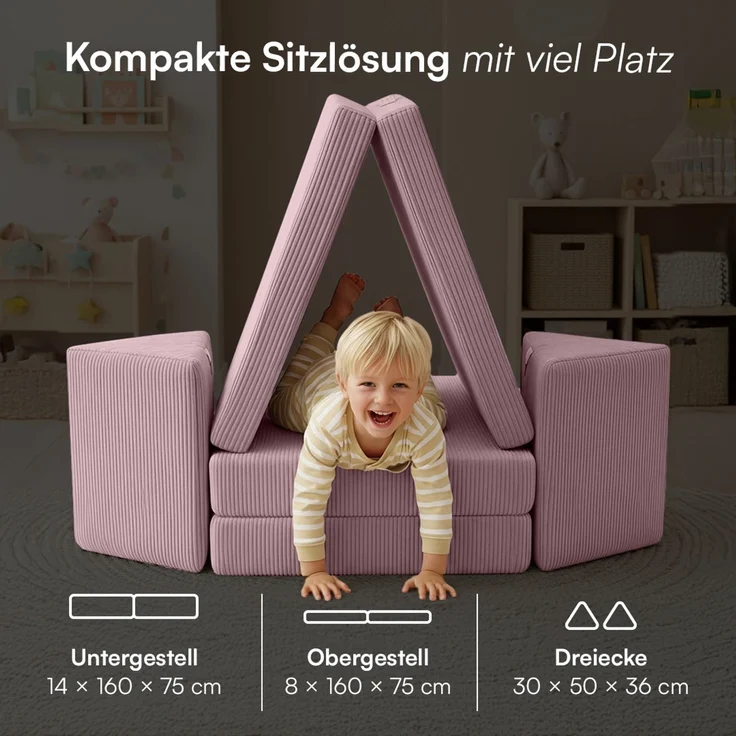 Bellabino 'Nile' Spielsofa, 4-tlg, Cord, pink, faltbare Kindercouch, abnehmbarer & waschbarer Bezug, Kindersofa aus Schaumstoff – Bild 9