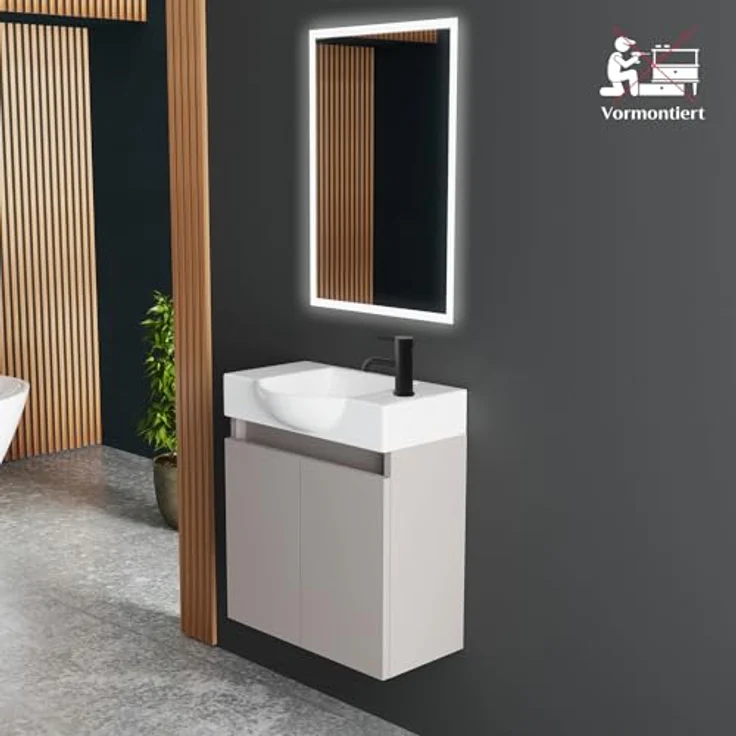 Alpenberger Badmöbel-Set Gäste WC Waschbecken mit Unterschrank 55 cm Breit, (Kleiner Stauraum Schrank, Moderne Waschplätze), Waschtisch mit Unterschrank Light Coffee – Bild 5