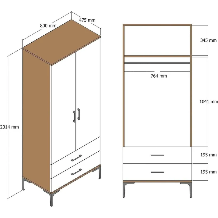 Dmora - Kleiderschrank 2 Türen Naos, Schlafzimmermöbel, Schrank, Garderobe, 80x201h48 cm, Walnuss und Weiß – Bild 2