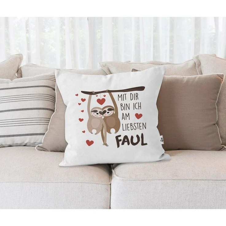 MoonWorks Dekokissen Kissen-Bezug Spruch Mit dir bin ich am liebsten faul Faultier Geschenk Liebe Freundschaft Valentinstag Geburtstag Freund Freundin MoonWorks® – Bild 2