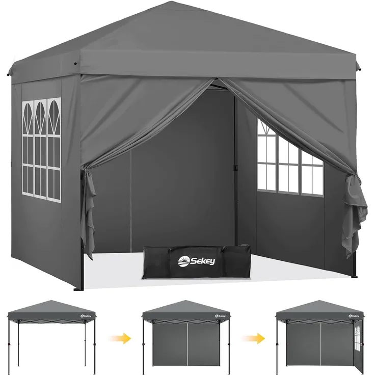 Sekey Premium Pop Up Pavillon 3x3 Wasserdicht Stabil, 3 x 3 m Pavillon mit Seitenwänden, Faltpavillon Partyzelt Faltbar für Camping Party, Höhe Verstellbar 250-270cm, (Grau, Mit Seitenwänden)